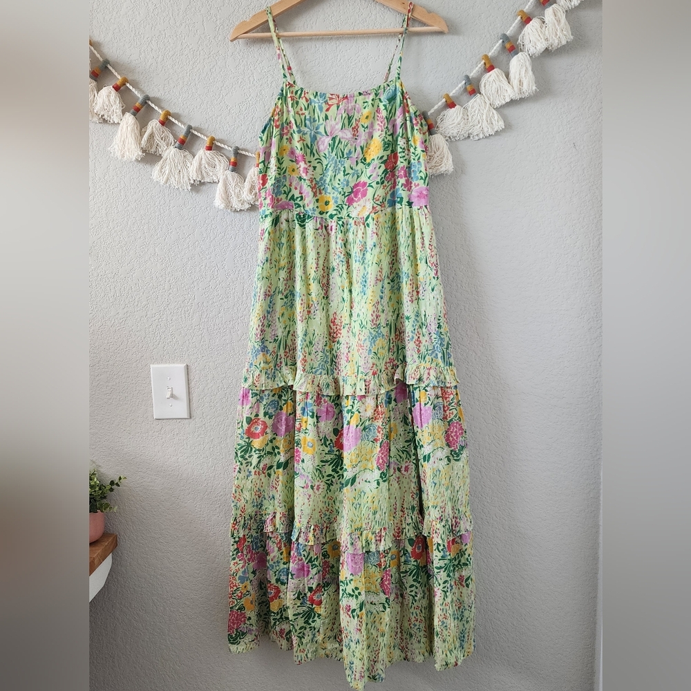 Banjanan Hazel Green Floral Garden Tiered Sleeveless Maxi Dress Tropical Boho M